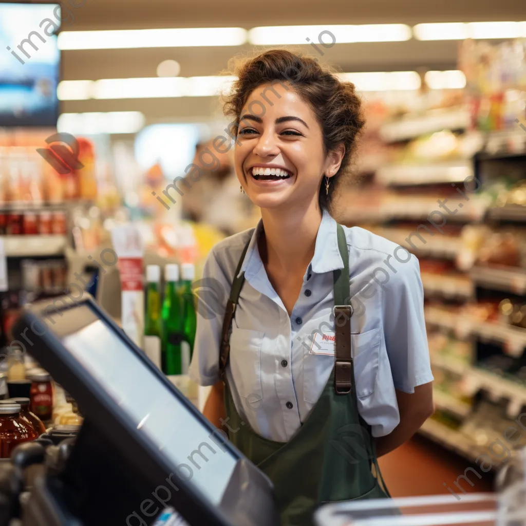 Cashier warmly engaging with customers while scanning groceries. - Image 1