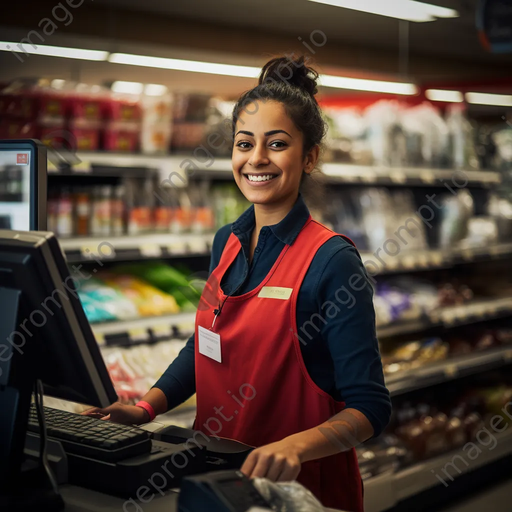 Cashier warmly engaging with customers while scanning groceries. - Image 3