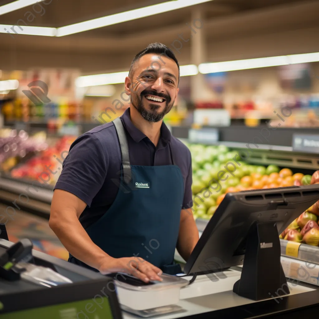 Cashier warmly engaging with customers while scanning groceries. - Image 4