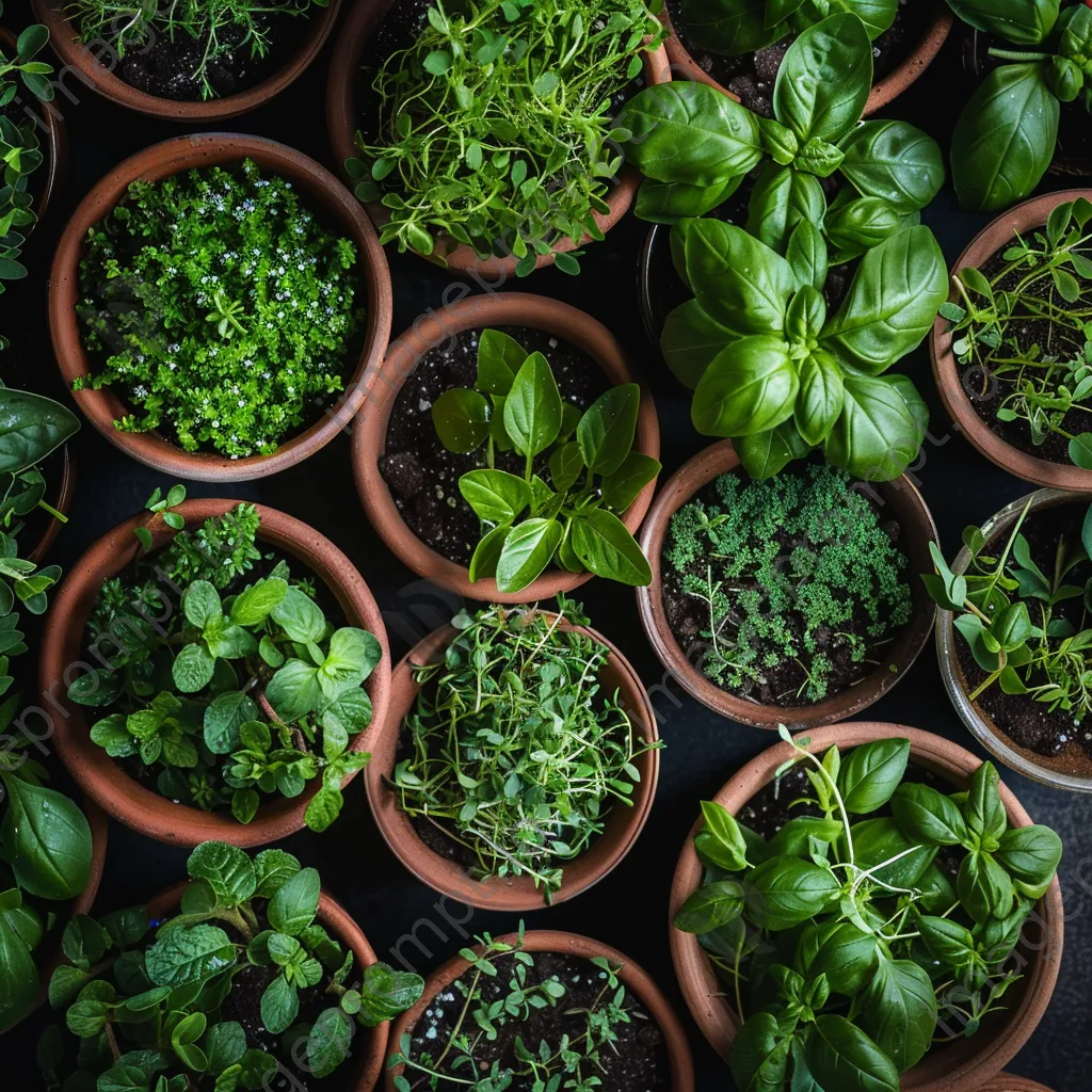 Potted organic herbs and greens on display. - Image 1