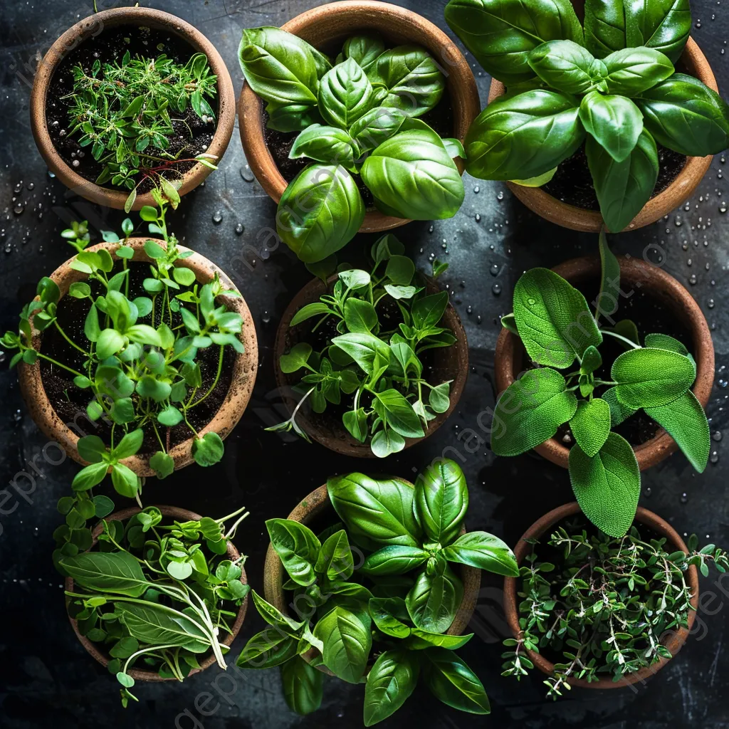 Potted organic herbs and greens on display. - Image 4