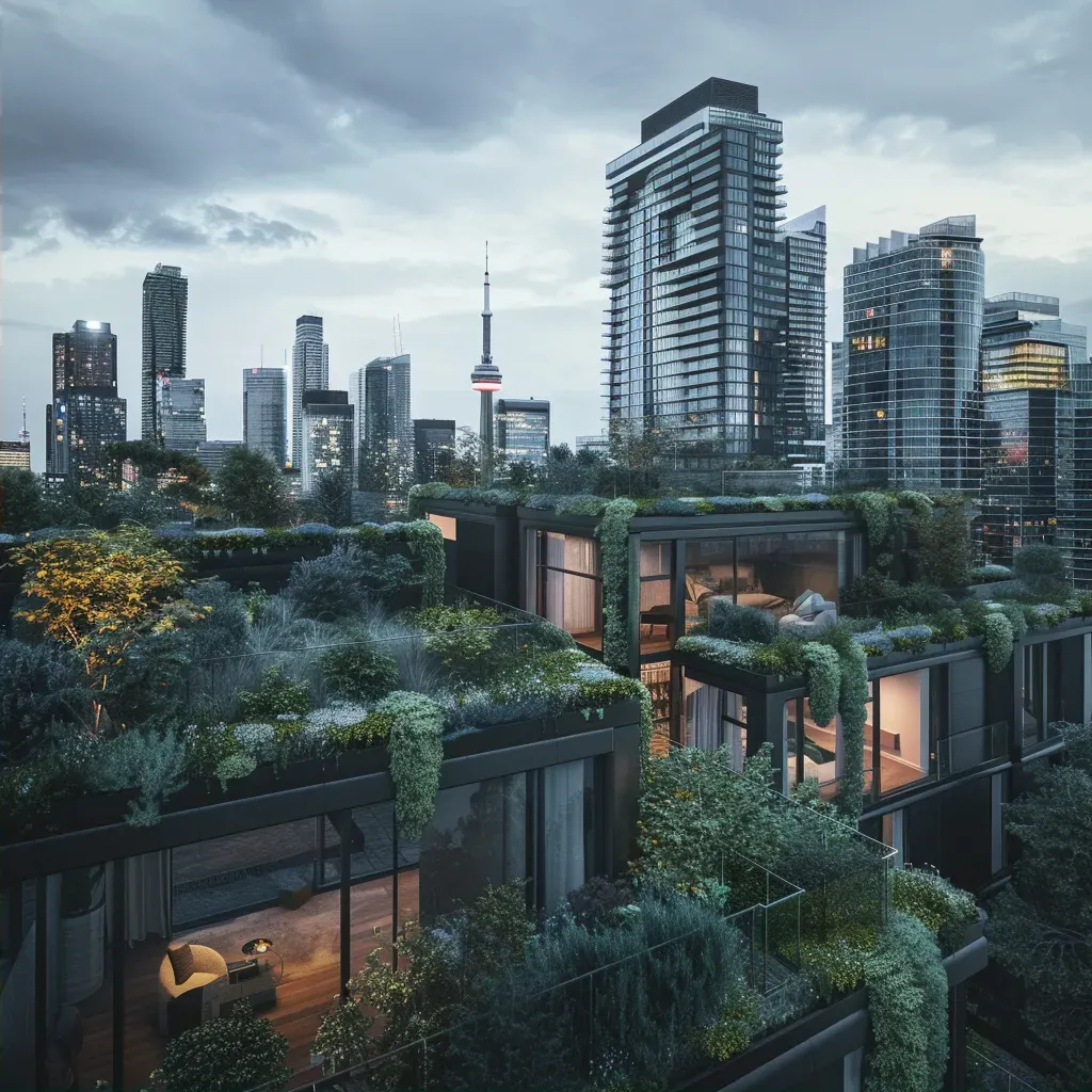 Aerial view of an urban rooftop garden with city skyline in the background - Image 2