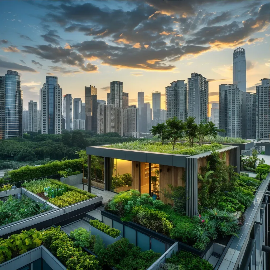 Aerial view of an urban rooftop garden with city skyline in the background - Image 3