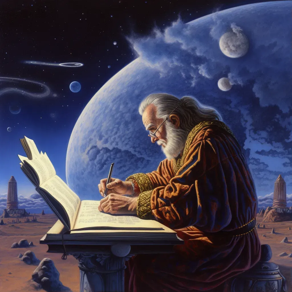 Scribe writing predictions with celestial events in the background - Image 1