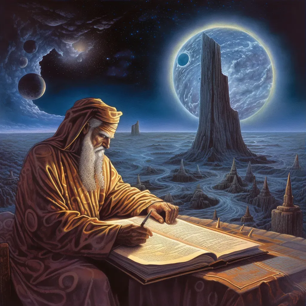 Scribe writing predictions with celestial events in the background - Image 3