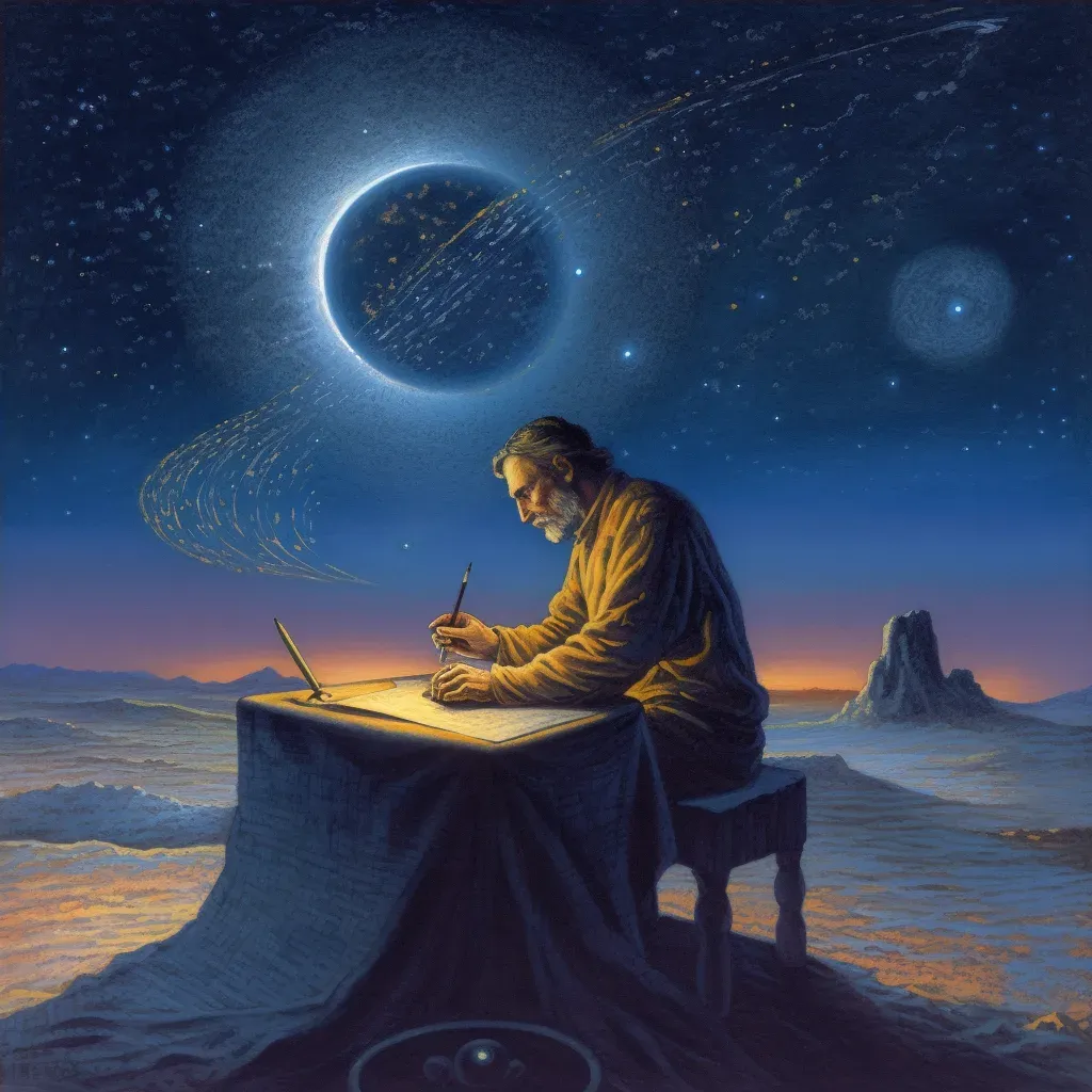 Scribe writing predictions with celestial events in the background - Image 4