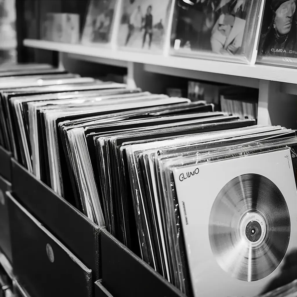 Vintage vinyl records collection in black and white - Image 1