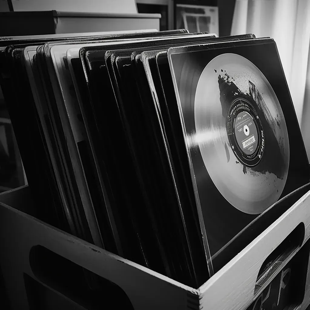 Vintage vinyl records collection in black and white - Image 3