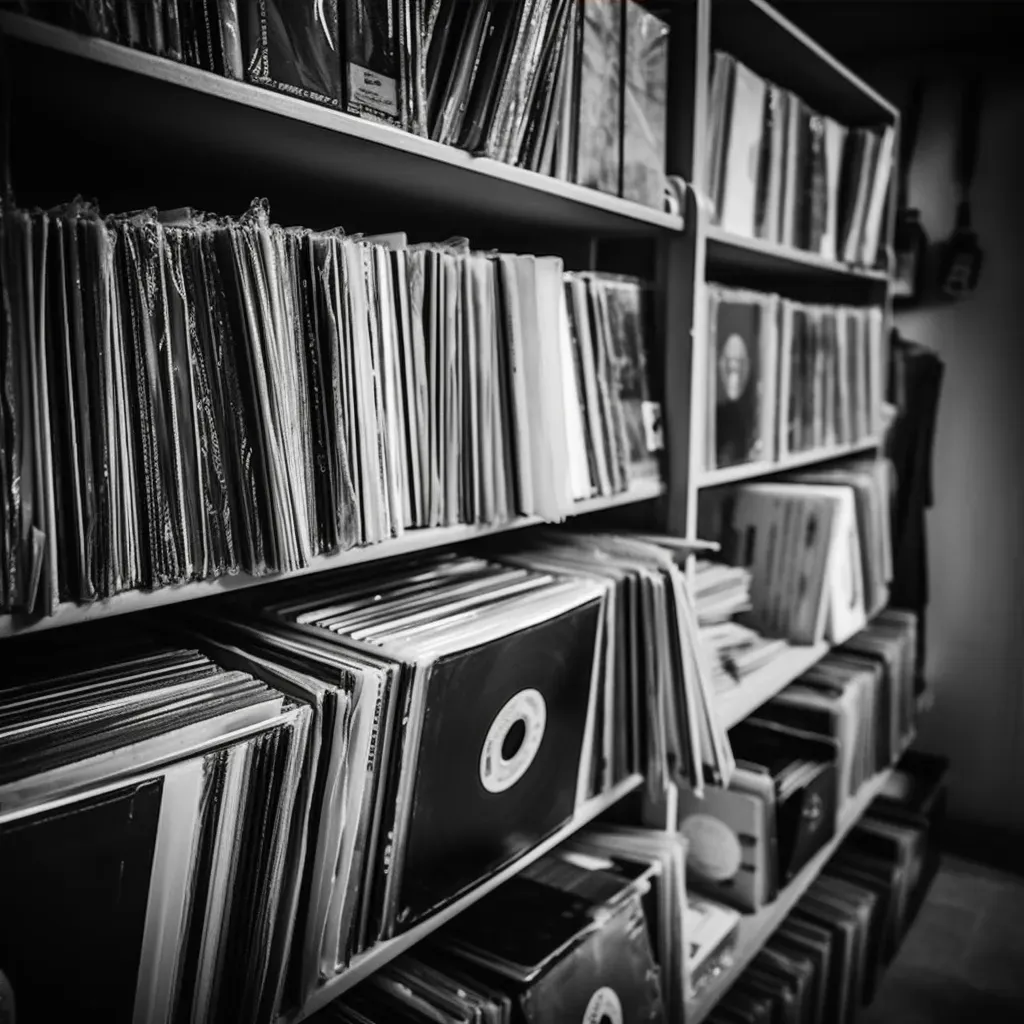 Vintage vinyl records collection in black and white - Image 4