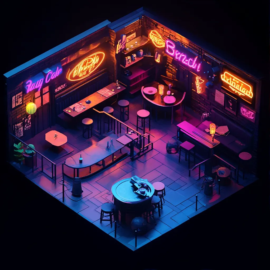 Low poly isometric view of a noir-like jazz club scene with neon signs - Image 1