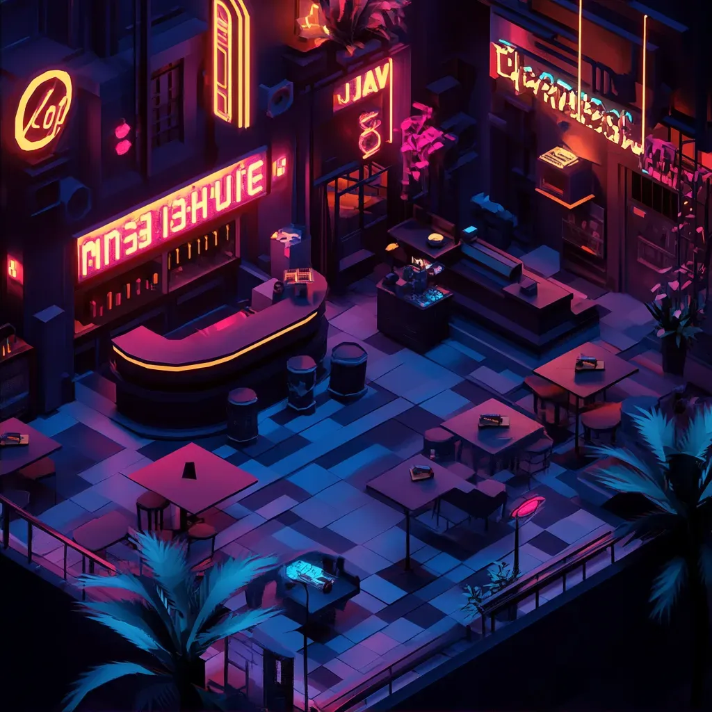 Low poly isometric view of a noir-like jazz club scene with neon signs - Image 2