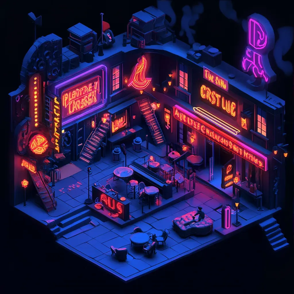 Low poly isometric view of a noir-like jazz club scene with neon signs - Image 3