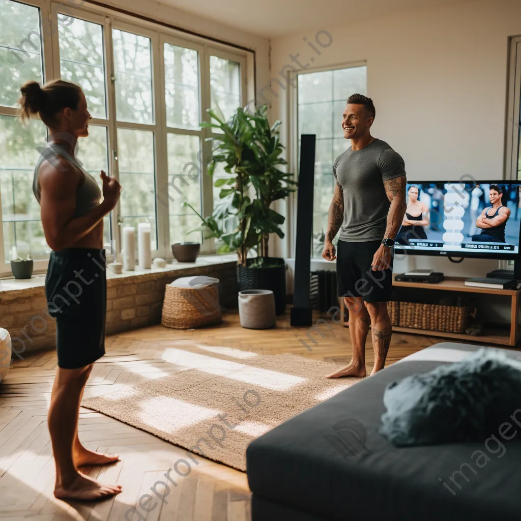 Fitness coach on video call with client in home gym - Image 1