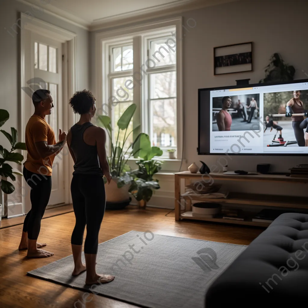 Fitness coach on video call with client in home gym - Image 2