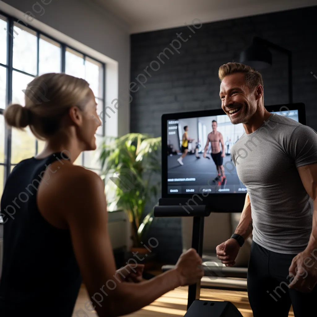 Fitness coach on video call with client in home gym - Image 3