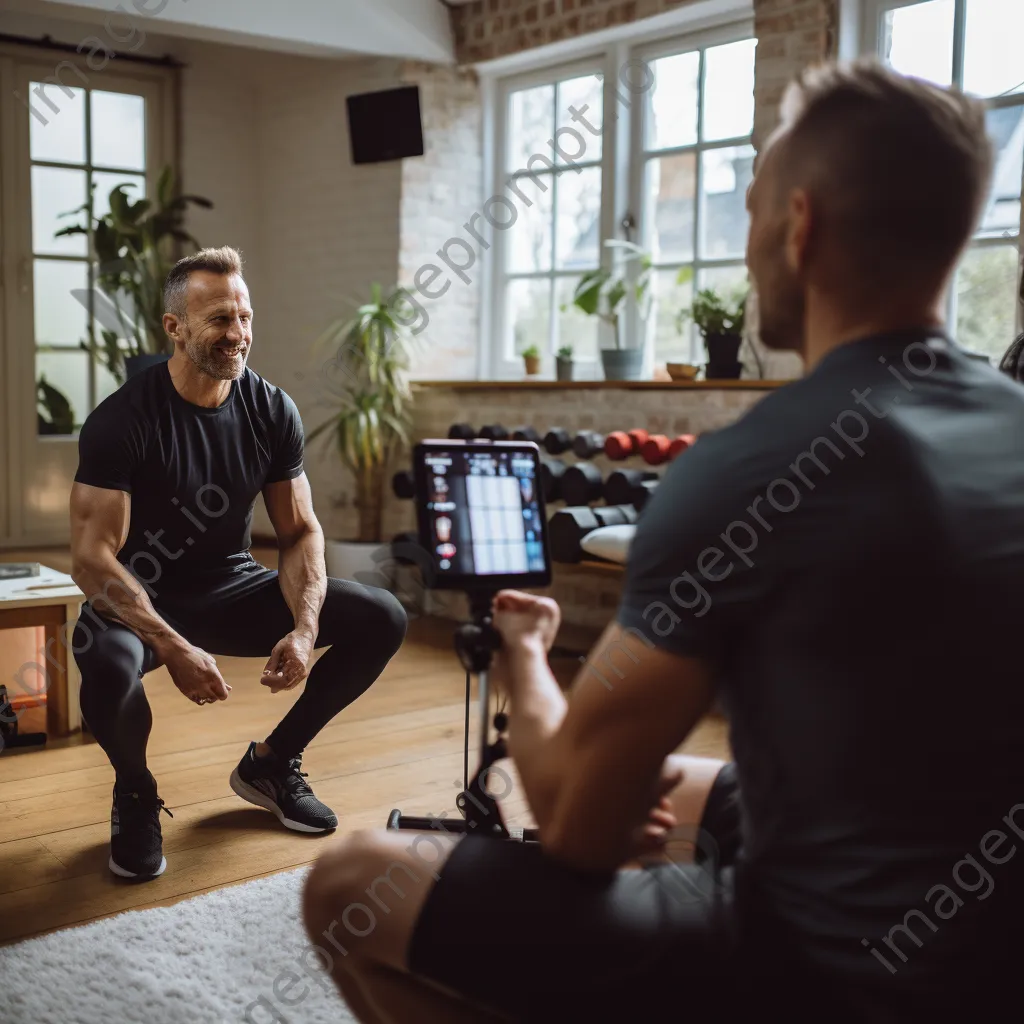 Fitness coach on video call with client in home gym - Image 4