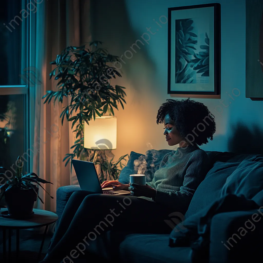 Employee enjoying a coffee break on a sofa with a laptop - Image 1