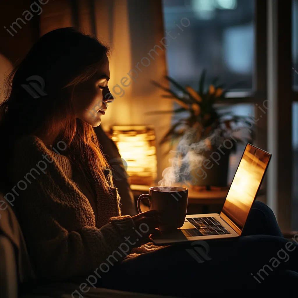 Employee enjoying a coffee break on a sofa with a laptop - Image 2