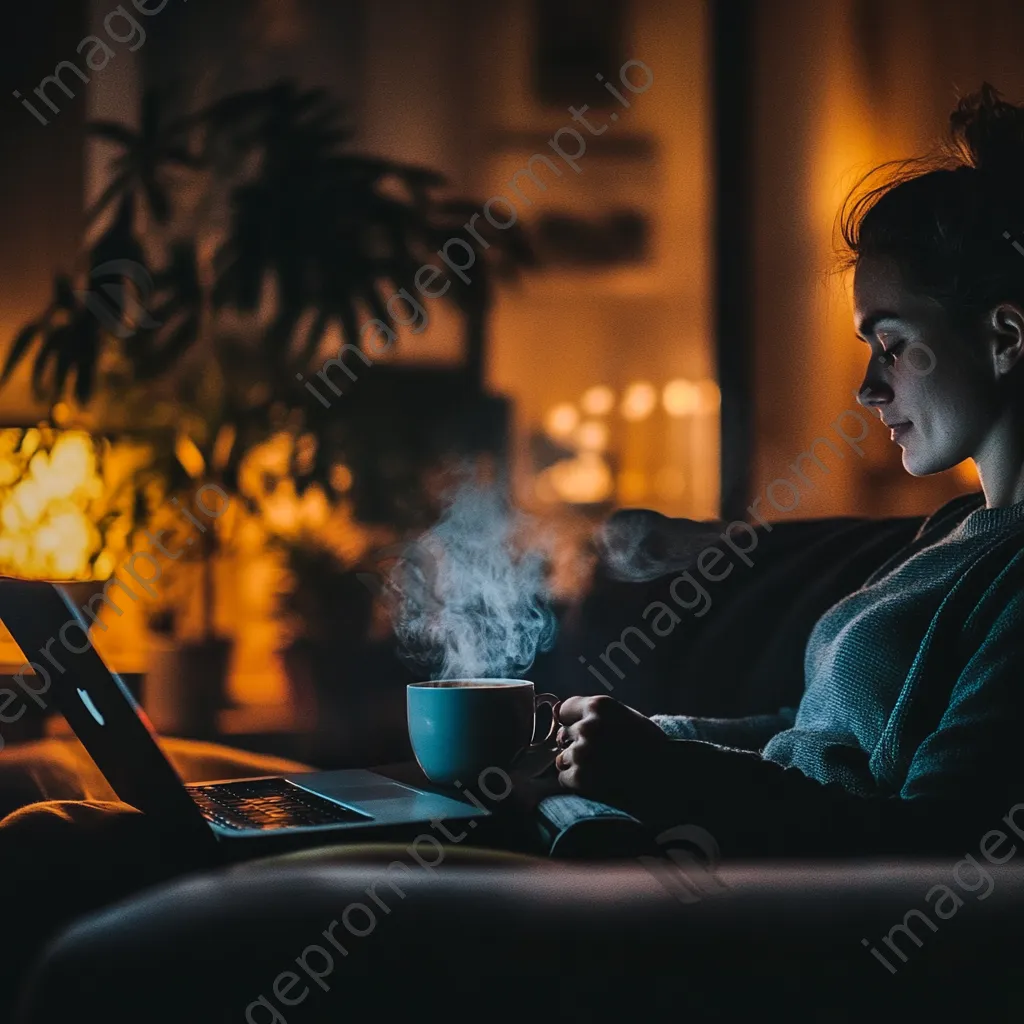 Employee enjoying a coffee break on a sofa with a laptop - Image 4