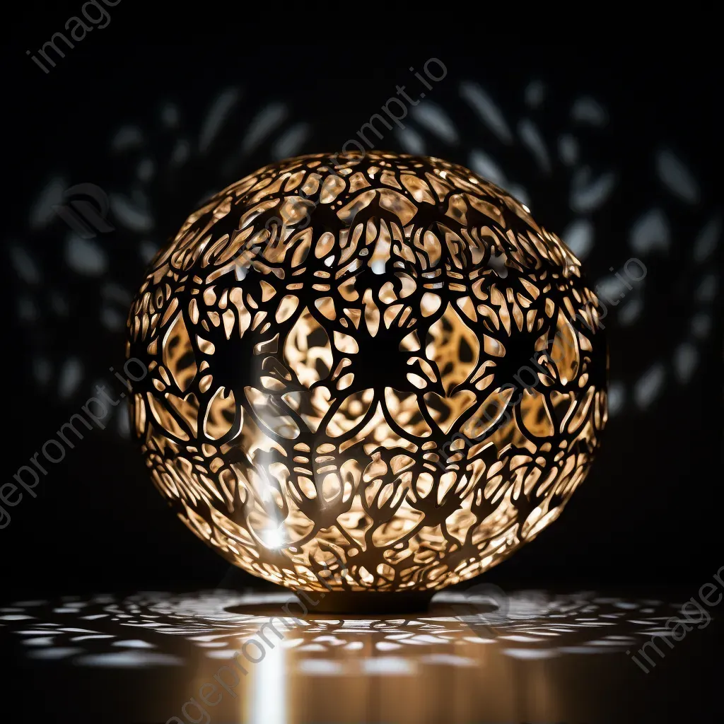 Intricate light sculpture with patterns of light and shadow in dark room - Image 1