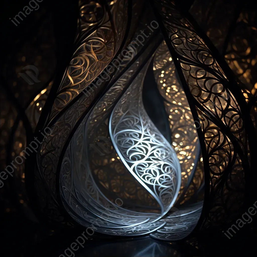 Intricate light sculpture with patterns of light and shadow in dark room - Image 2