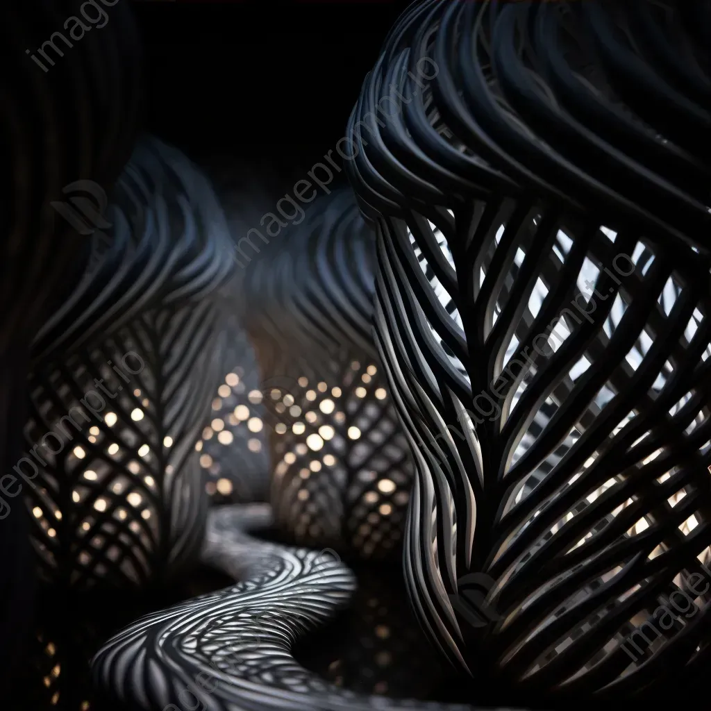 Intricate light sculpture with patterns of light and shadow in dark room - Image 3