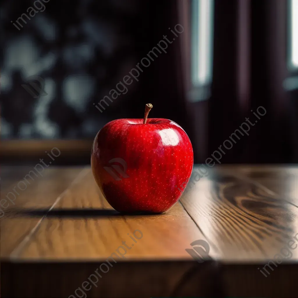 Single red apple on wooden table with soft lighting - Image 2