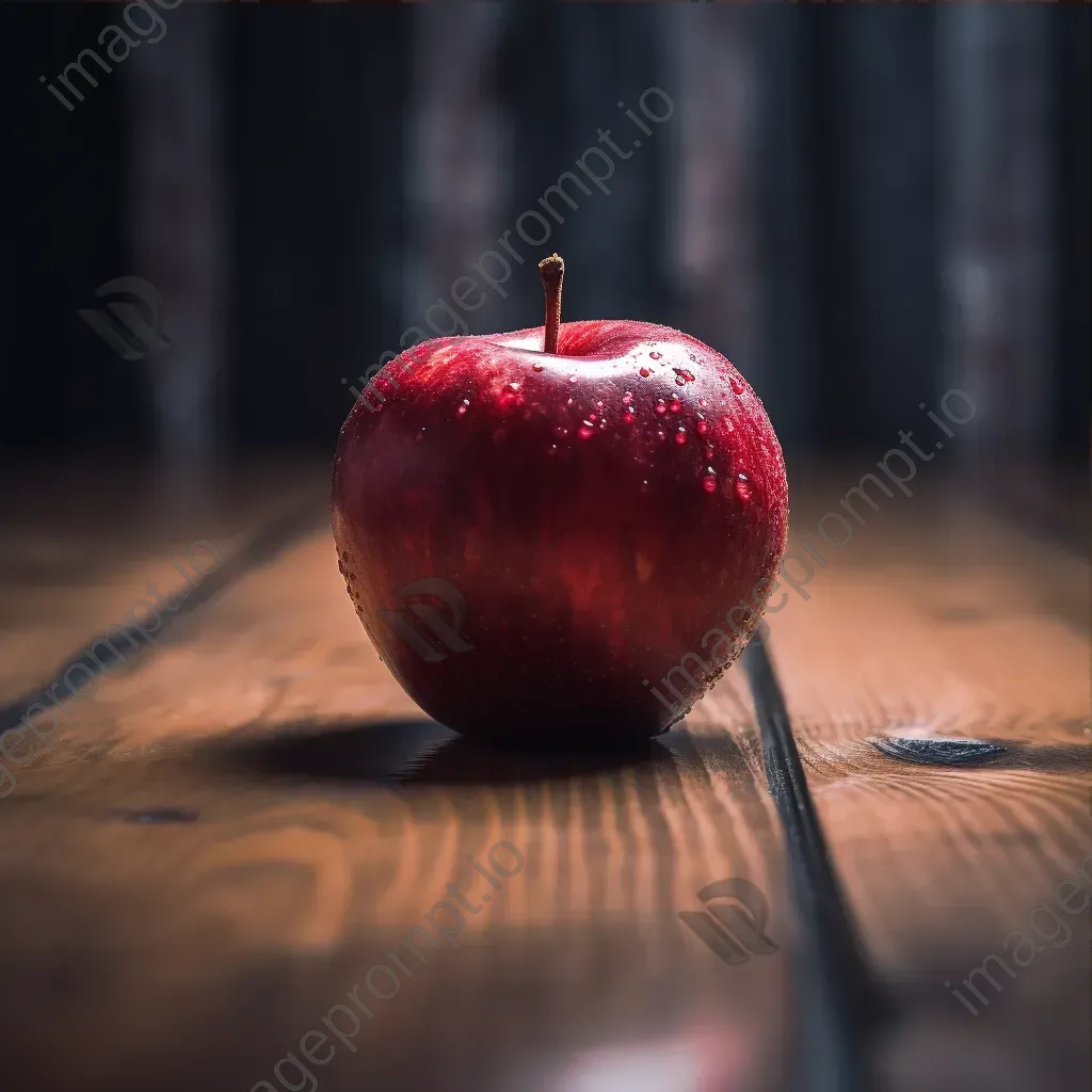 Single red apple on wooden table with soft lighting - Image 3