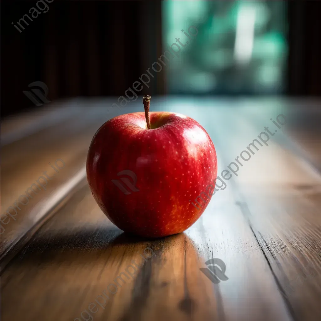 Single red apple on wooden table with soft lighting - Image 4