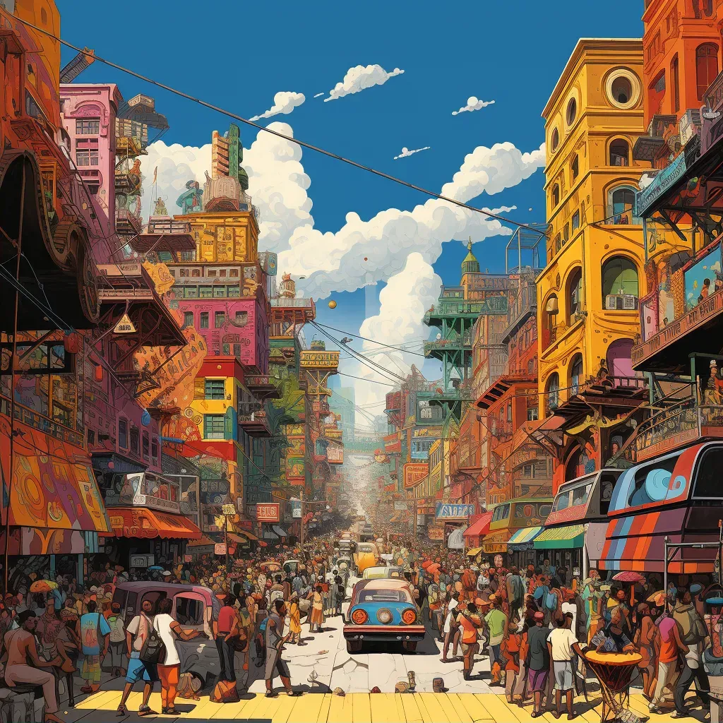 Illustration of a colorful street festival uniting a divided city, symbolizing communal joy - Image 2