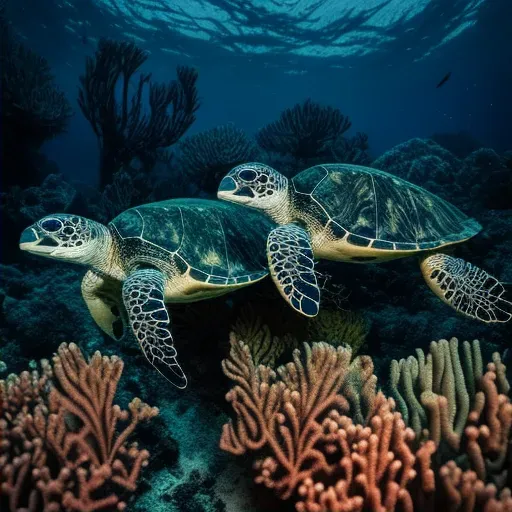 Image of critically endangered Hawksbill turtles swimming amongst vibrant coral reefs - Image 2