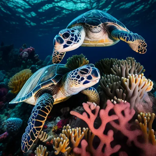 Image of critically endangered Hawksbill turtles swimming amongst vibrant coral reefs - Image 3