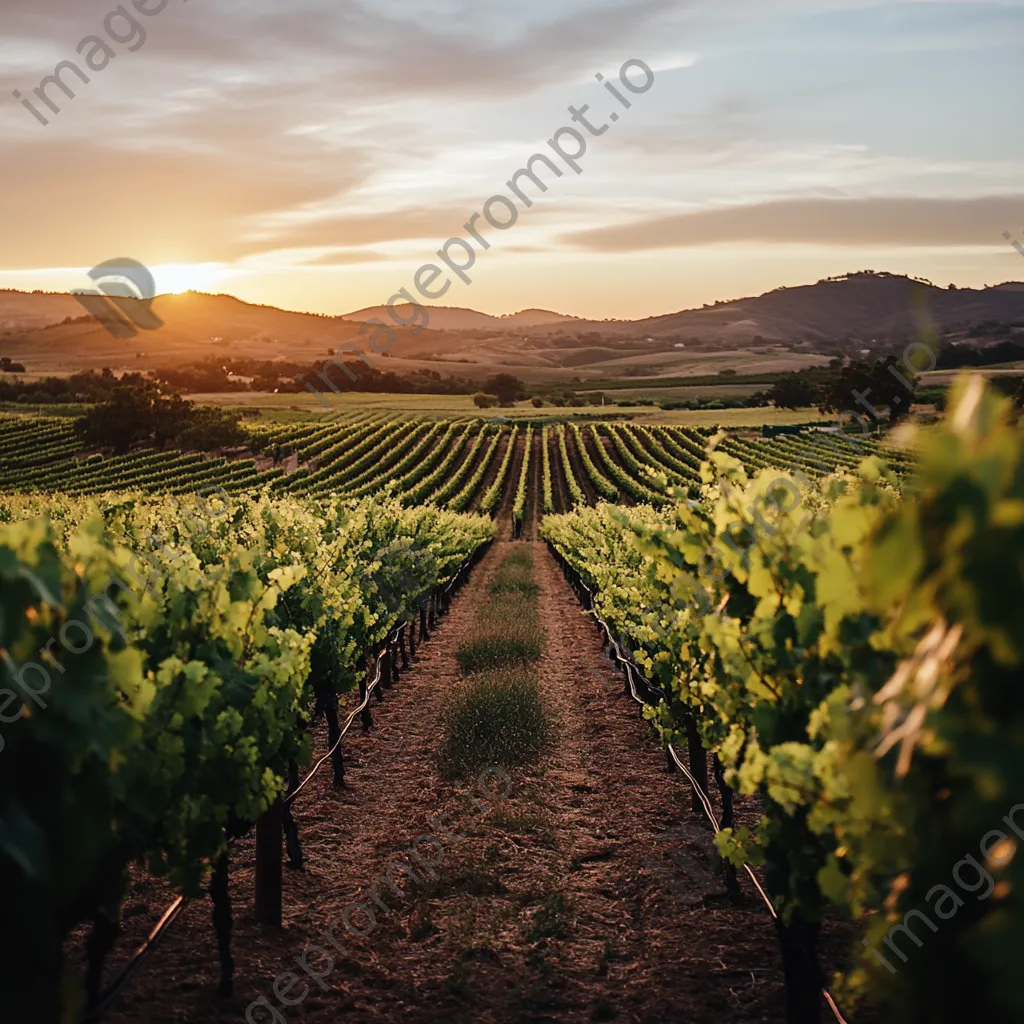 Vineyards stretching towards rolling hills at sunset - Image 1