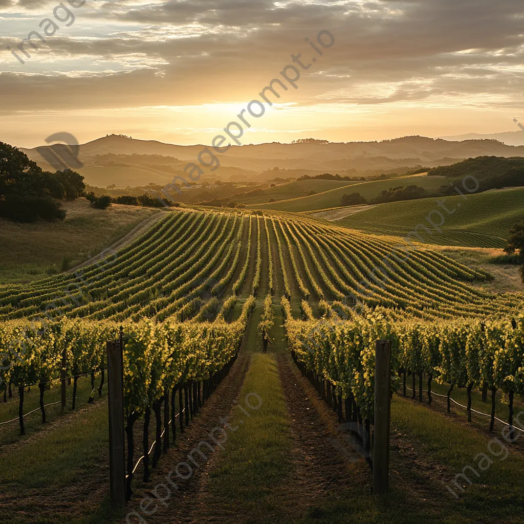 Vineyards stretching towards rolling hills at sunset - Image 3