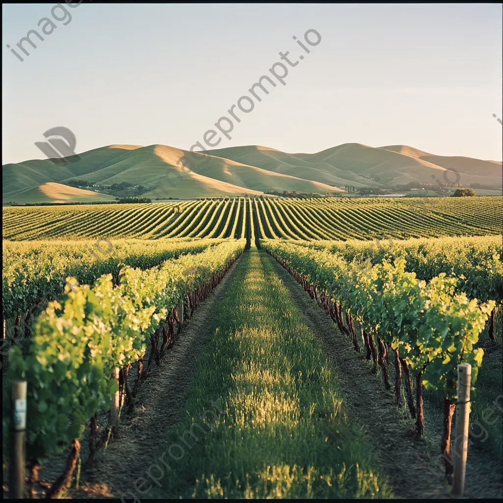 Vineyards stretching towards rolling hills at sunset - Image 4