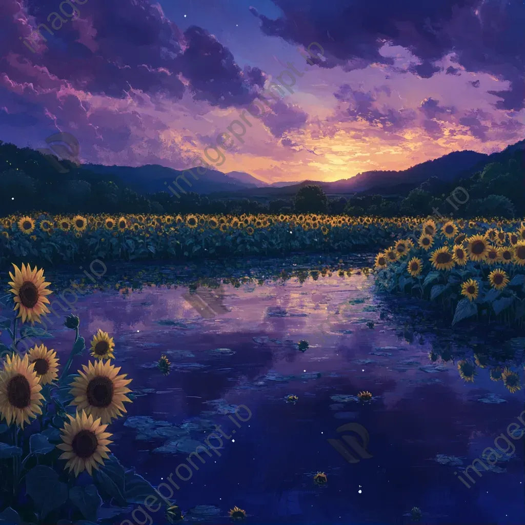 A sunflower field bathed in twilight hues, with striking reflections in a tranquil pond - Image 1