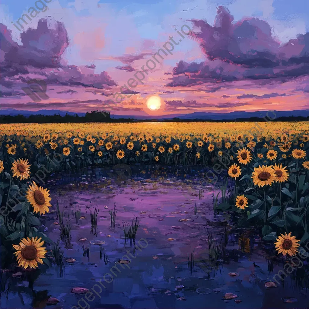 A sunflower field bathed in twilight hues, with striking reflections in a tranquil pond - Image 2