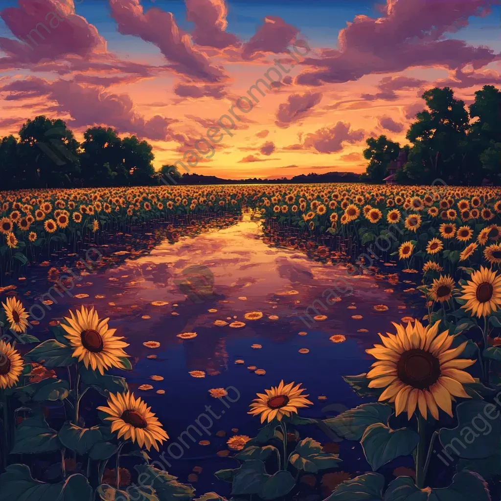 A sunflower field bathed in twilight hues, with striking reflections in a tranquil pond - Image 3