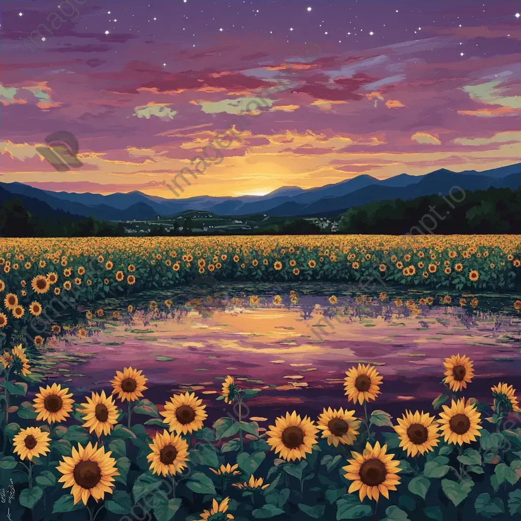 A sunflower field bathed in twilight hues, with striking reflections in a tranquil pond - Image 4