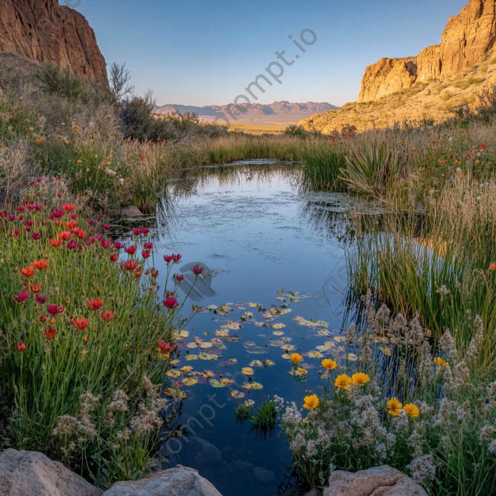 Desert spring with wildflowers next to calm water at sunset - Image 1