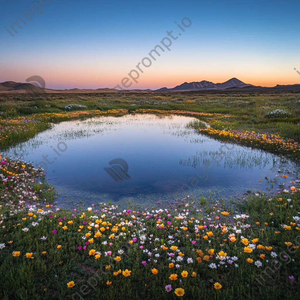 Desert spring with wildflowers next to calm water at sunset - Image 2