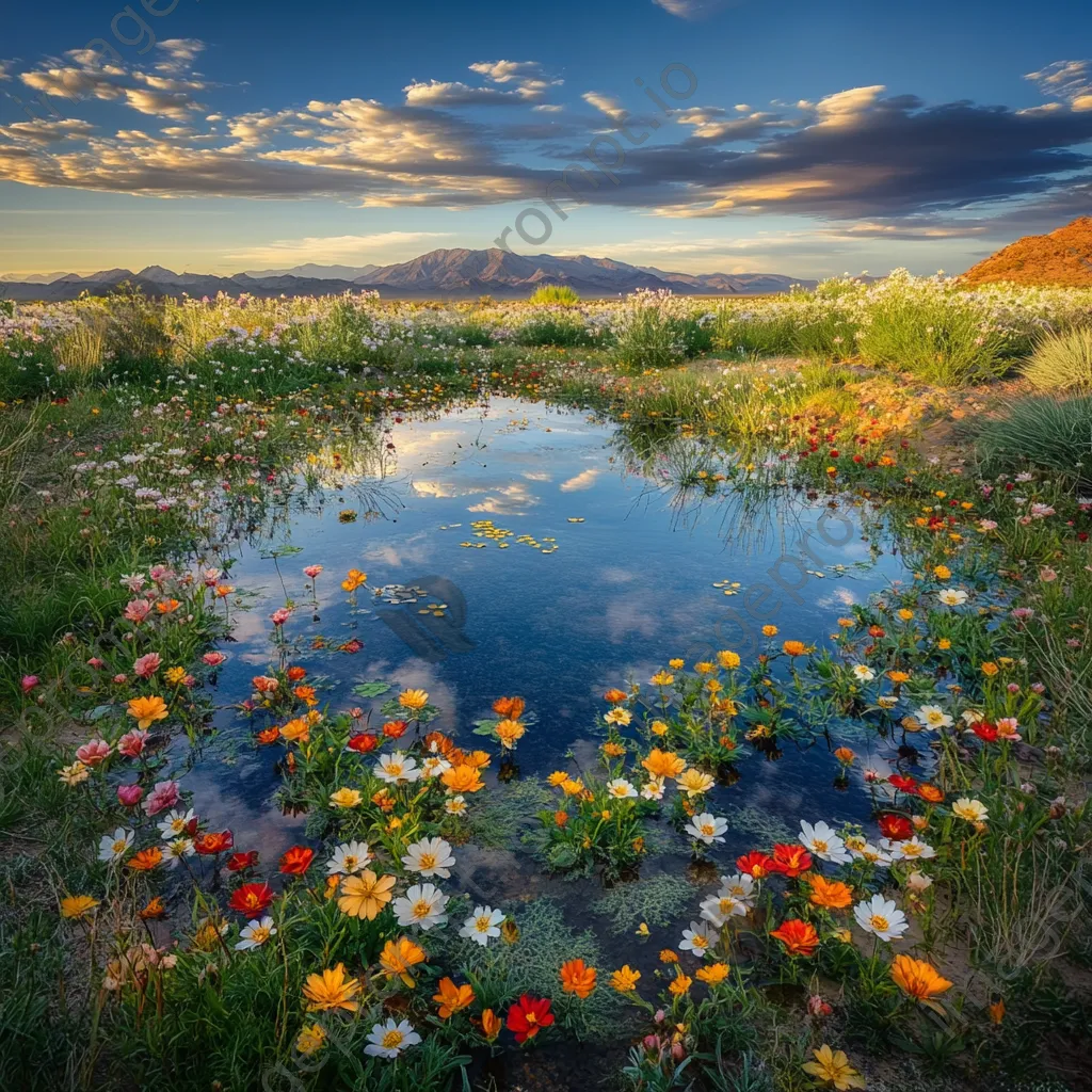 Desert spring with wildflowers next to calm water at sunset - Image 4