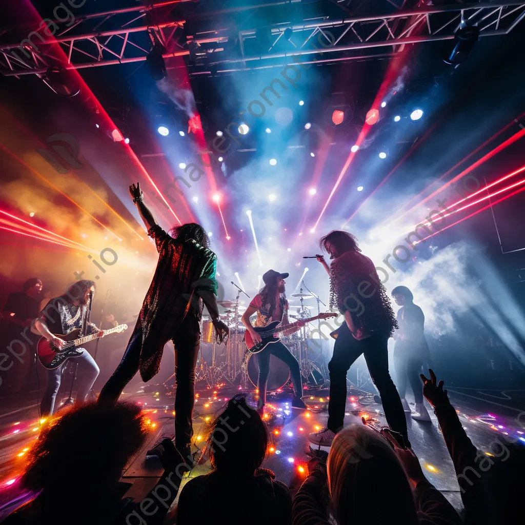 Rock band performing energetically on stage with colorful lights. - Image 1