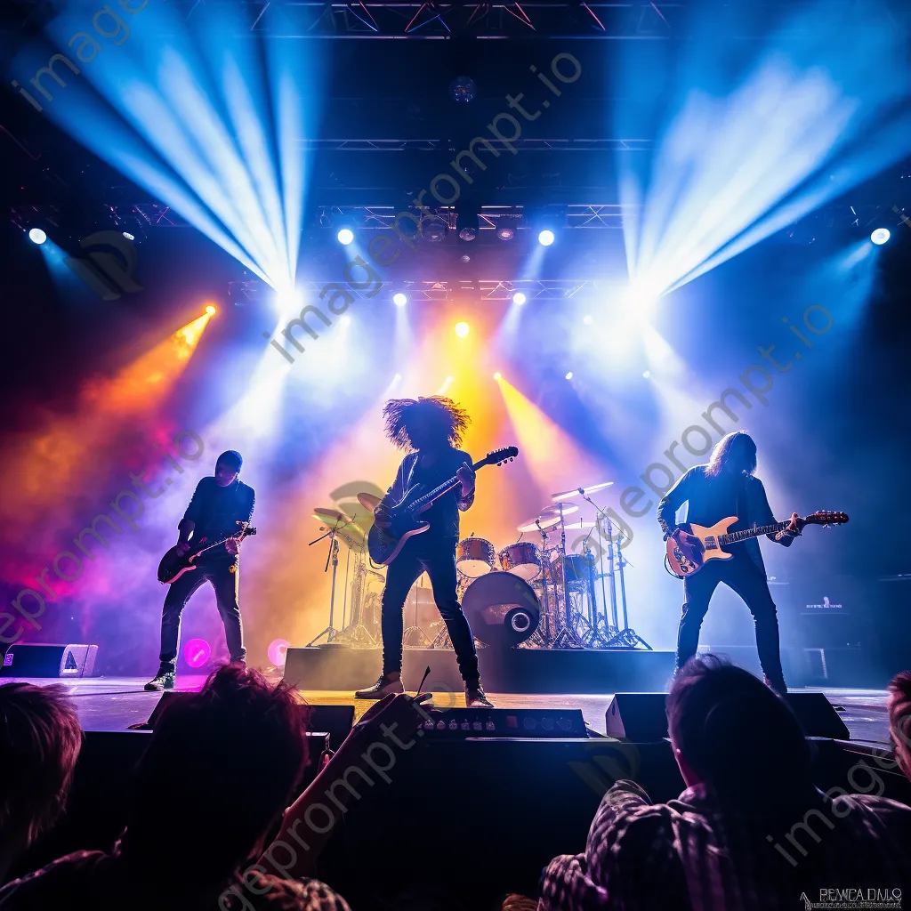 Rock band performing energetically on stage with colorful lights. - Image 2