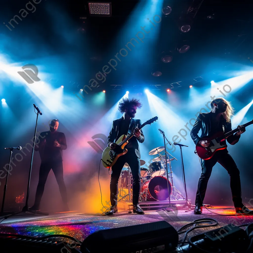 Rock band performing energetically on stage with colorful lights. - Image 4