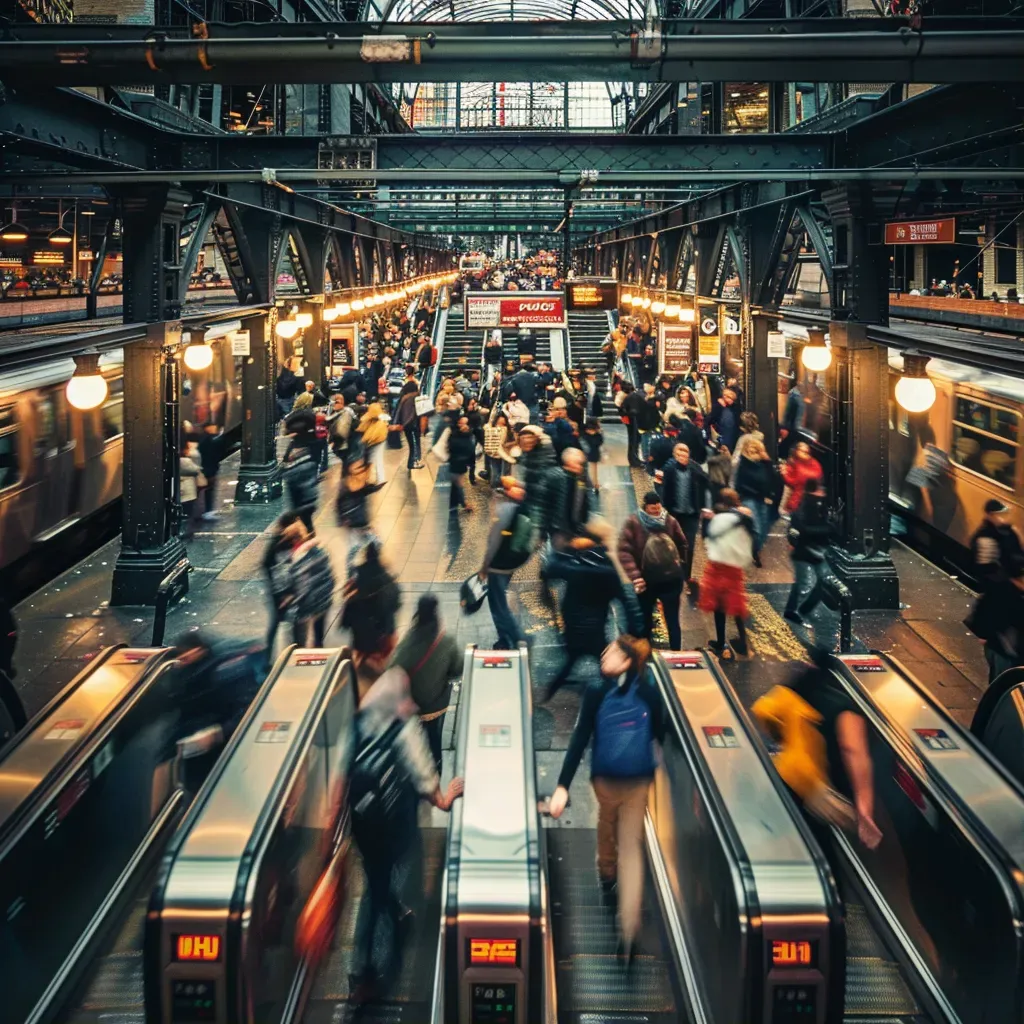 Busy urban train station with commuters rushing through platforms and boarding trains in a modern city setting. - Image 1