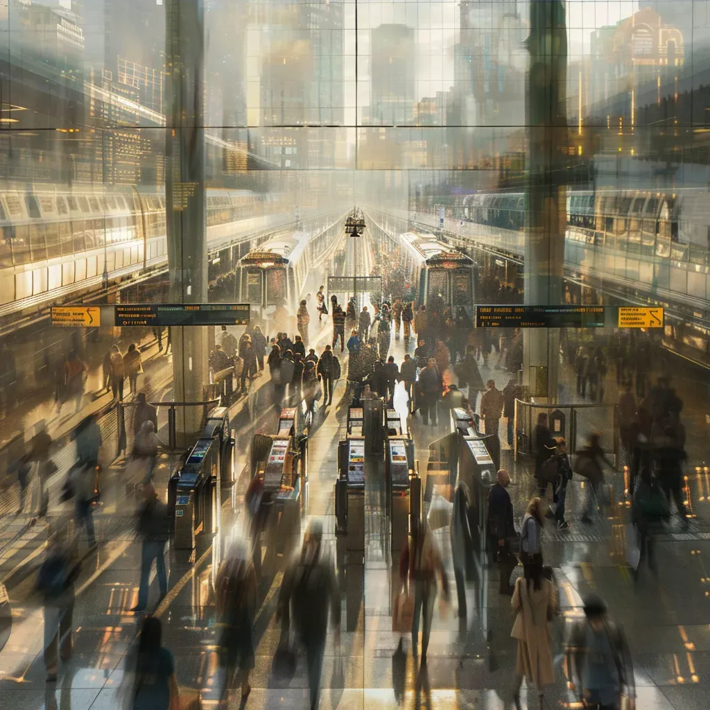 Busy urban train station with commuters rushing through platforms and boarding trains in a modern city setting. - Image 3