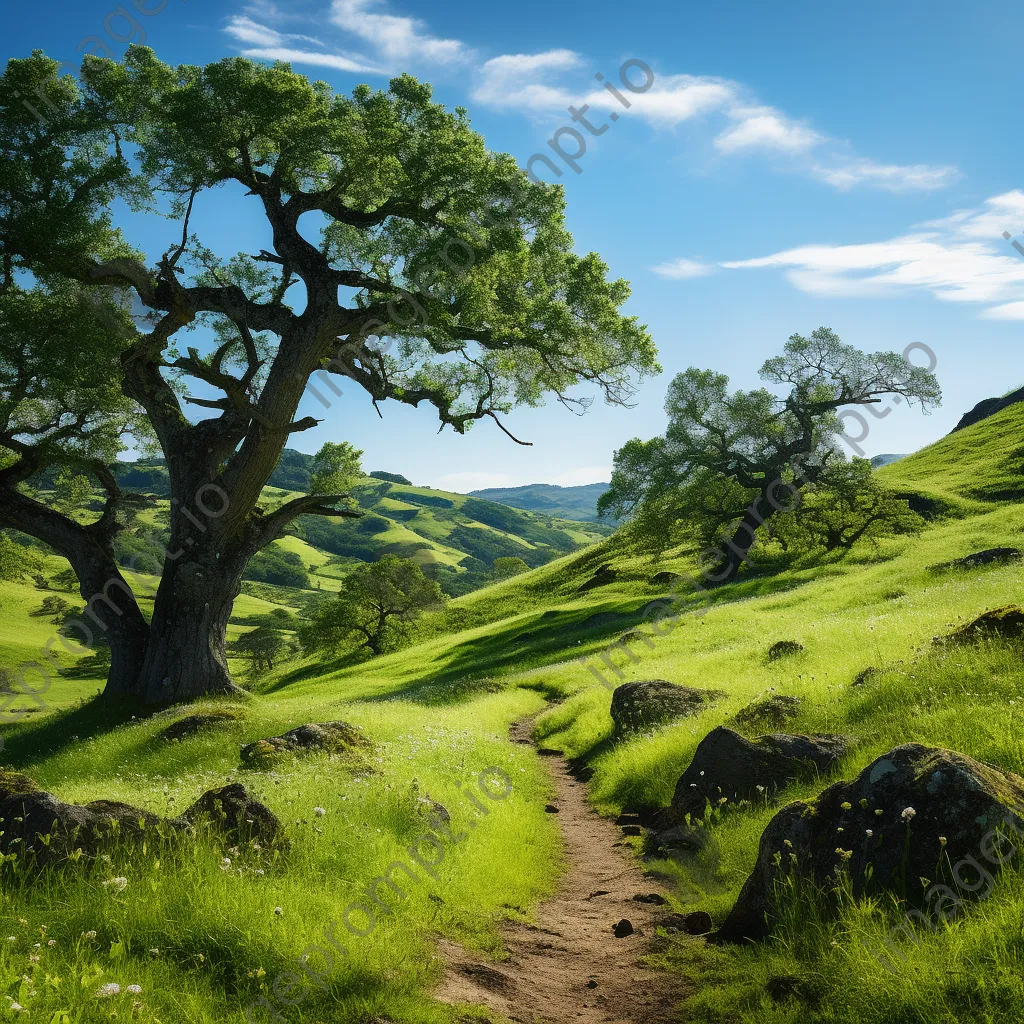 Historic trail in a lush green valley with wildflowers - Image 2