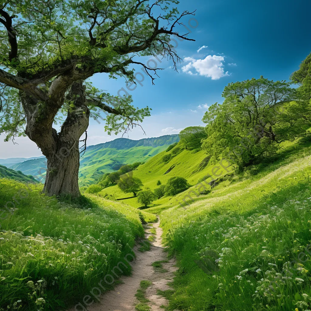 Historic trail in a lush green valley with wildflowers - Image 4