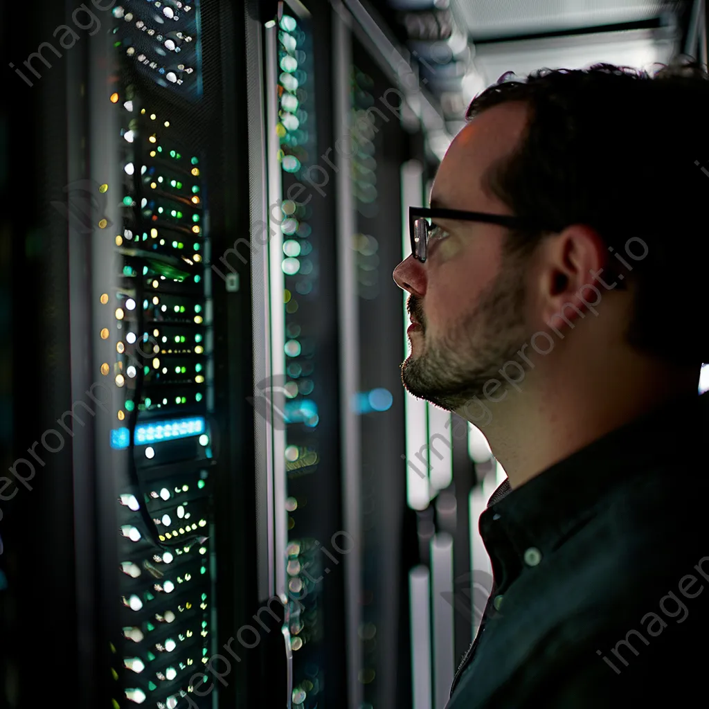 Technician monitoring cloud services on screens in a dim server room. - Image 1